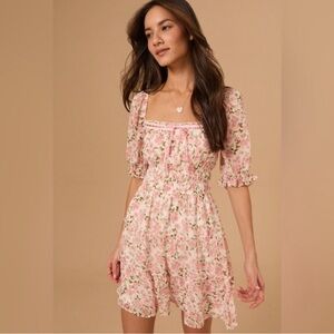 Altar'd State Pink Floral Mini Dress alani lace trim